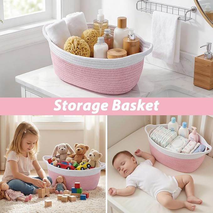 woric Baby Gifts Basket 12 x 8 x 5 in Small Woven Basket Rope Baskets | Soft Cotton for Wedding Gifts Empty Baby Shower Toy Storage Girls Birthday (Pink with Gift Bag Card Ribbon Tissue Paper)