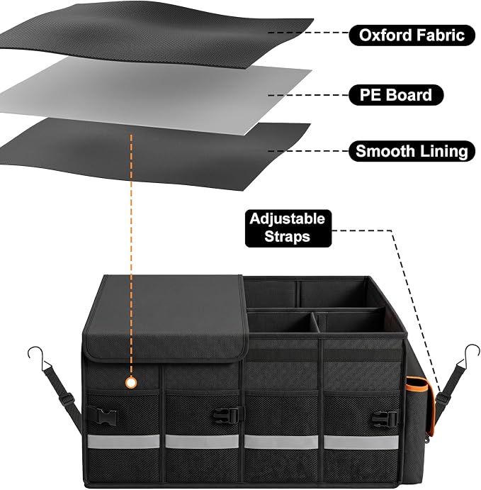 GDNasist Car Trunk Organizer and Storage for Car, SUV & Sedan | Collapsible Trunk Organizers with Lid, Car Accessories for Women Men, 2 Removable Dividers for Custom Space, Interior