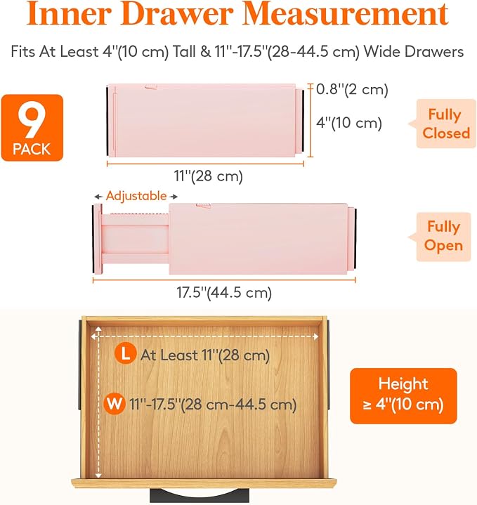 Lifewit 4" High Upgrade Drawer Divider, Adjustable Drawer Organizer Clothes | 9 Pack 11"-17" Expandable Pink Plastic Drawer Separator for Dresser, Kitchen, Closet, Nursery, Office Organization & Storage