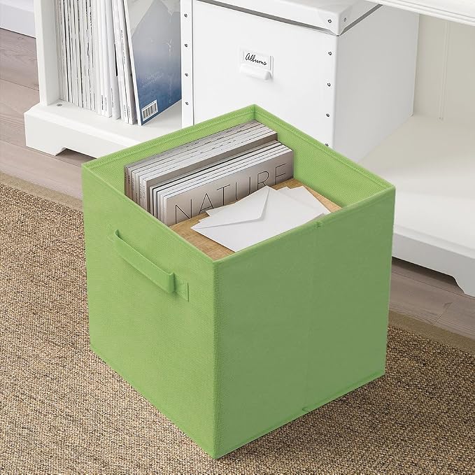 PowerKing Collapsible Storage Cubes, Farbic Storage Bins, Green, 2 Pack | Sturdy, Lightweight, Easy Pull Handle, Closet & Shelf Organizer, Clothes and Toys Storage, 10.5'' x 11'' x 10.5''