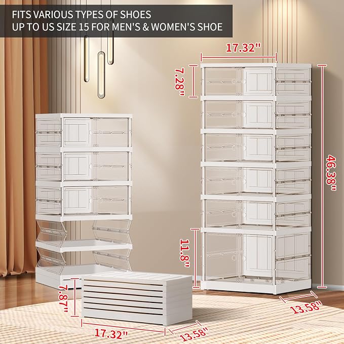 CIMLORD 6-Tier Foldable Shoe Rack, Magnetic Clear Doors, 12 Pairs, White | Collapsible Narrow Plastic Shoe Cabinet, Stackable, Lidded, Tool-Free Assembly, Fits Boots & Sneakers, Closet & Entryway