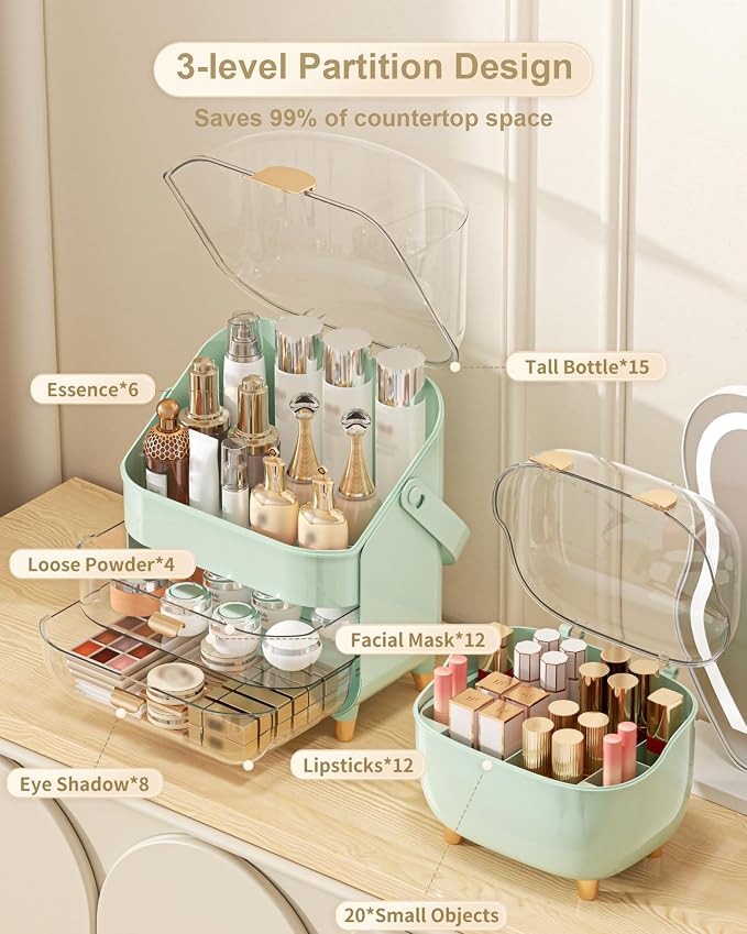 Makeup Organizer Countertop, Skincare Holder Bathroom Counter Organizer, Storage Box Cosmetic Display Cases, Teen Girl Gifts Make up Organizers (Green/Lipstick)