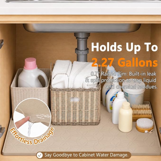 34"x22" Silicone Shelf Liner & Waterproof Under Sink Mat(Beige) | Durable Under Sink Organizer Tray with Raised Edge, Protects Bottom Cabinets & Shelves from Leaks & Cleaning Supplies