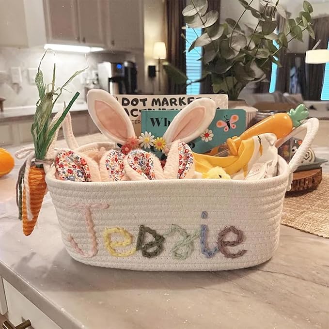 Personalized Cute Small Woven Basket with Handles, Custom Cotton Rope Room Shelf Storage Basket, Empty Decorative Gift Basket, Decorative Round Bin for Nursery Bedroom Bathroom (Style C)