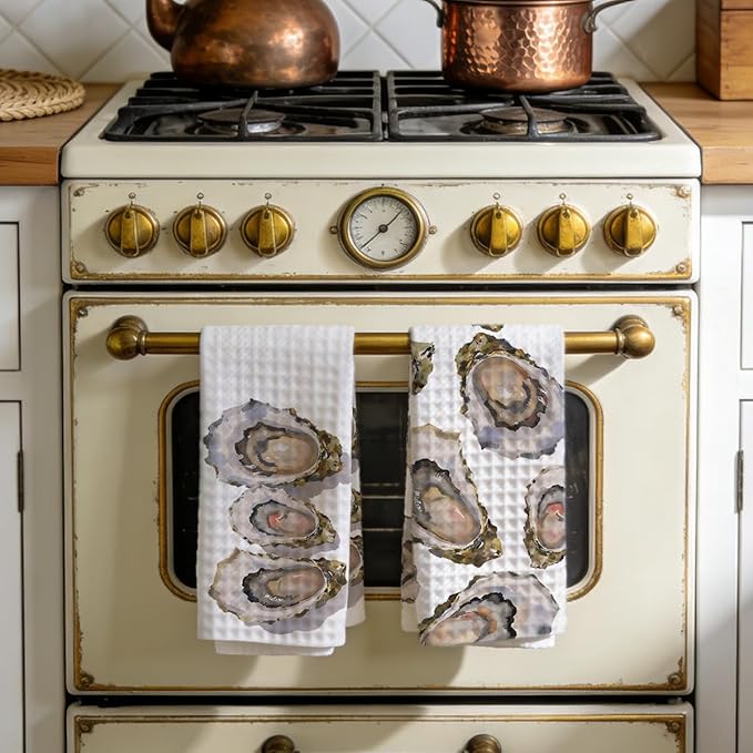 2PCS Vintage Oyster Kitchen Towels 14x24 Inch, Absorbent Microfiber Decorative Dish Cloth Tea Towel, Oyster Waffle Hand Towels for Farmhouse Kitchen Home Bathroom, Housewarming Gifts for Women Frend