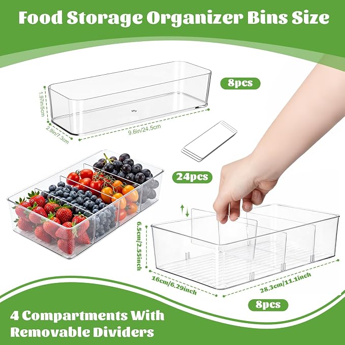 Mifoci 16 Pcs Snack Pantry Organizer and Storage, Clear Plastic Storage Bin for Pantry Shelf with 3 Divider & No Divider, Stackable Container Box with Handle for Kitchen Cabinet Fridge Closet Bathroom