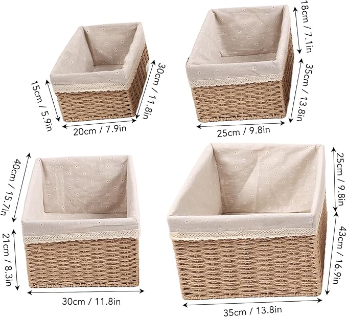 Tissting 4-Piece Woven Straw Baskets Set, Multiple Sizes - Versatile Storage Organizers for Bedroom, Bathroom, Office, Laundry, with Handles for Easy Carrying