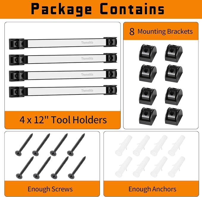 12" Magnetic Tool Holder Strip, 4 Pieces Silver Metal Tool Organizer Rack with Stainless Steel Surface, Magnet Bar for Garage Workshop, Easy To Install with Mounting Screws