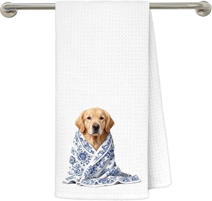 Blue Chinoiserie Golden Retriever Kitchen Towels 16x24 in, Gifts for Golden Retriever Lovers, Grandmillennial Floral Blanket Dog Decorative Hand Tea Dish Towels for Bathroom Kitchen