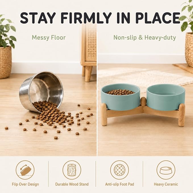 Havniva Ceramic Dog Bowls Elevated, Raised Dog Food Bowl for Puppies | 5.1” Elevated Dog Bowls, Non-Slip Wood Stand, Dog Food and Water Bowl Set, Dog Feeding Dish, Large Capacity Pet Water Bowl