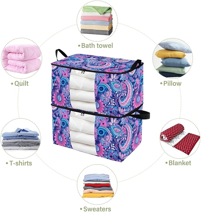 Generic Boho Paisley Flower Clothes Storage Bag Bins 2 Pack Foldable Storage Containers Large Closet Organizer with Zipper Under Bed Storage for Clothing Pillows Comforters 95L