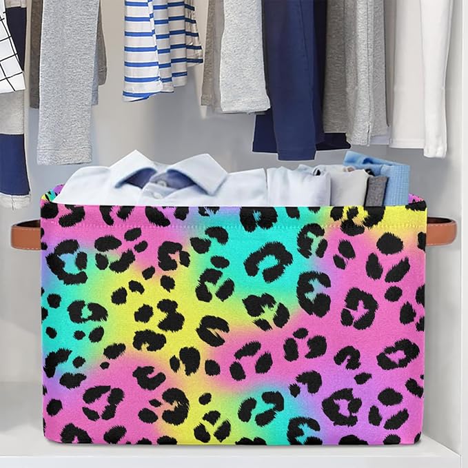 Leopard Basket Storage Bins Rectangle Canvas Basket Cube Storage Box | Nursery Foldable Basket with Handle for Kids Girls Boys Toys Living Room Closet Organizer Shelf Gifts Rainbow Neon