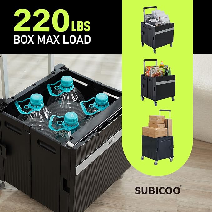 Folding Utility Cart Portable Rolling Crate Handcart Shopping Trolley Collapsible Tool Box, with Lid, on Rotate Wheels, for Grocery, Shopping, Office, Teacher, Camp,File (Black)
