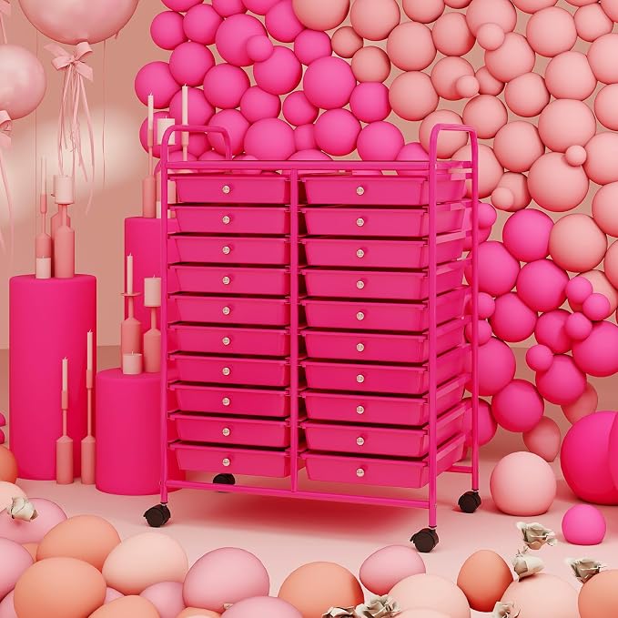 20 Drawer Rolling Storage Cart, Art Cart Organizer with Wheels for Makeup, Tool, Paper, Multipurpose Craft Storage Cart with Drawers for Office, Home, Classroom, School (Hot Pink)