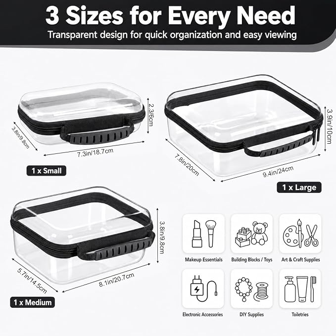 Clear Hard Shell Zipper Case 3PCS Set, 1.2mm PET Travel Organizer | Deep waterproof stackable storage pouches with handle. Heavy duty clear zipper bags for travel, makeup, toys and snacks