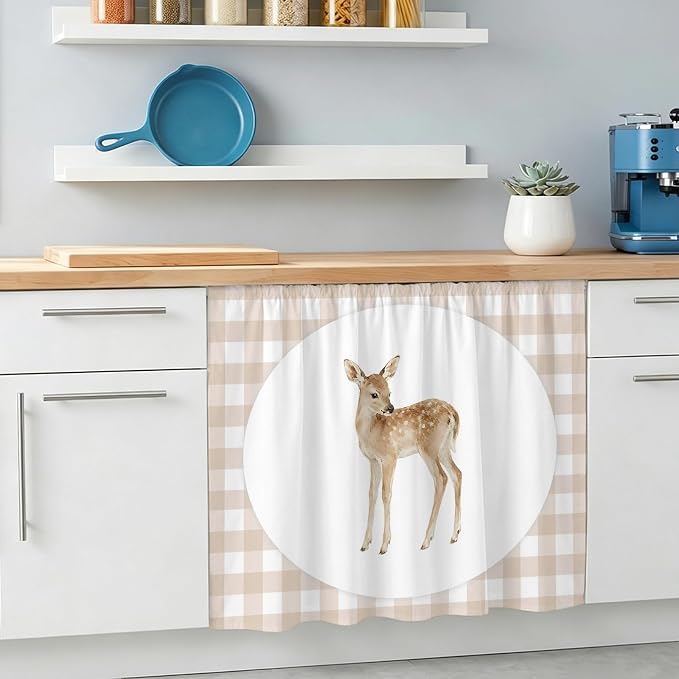 Resting Fawn Oven Skirt Curtain for Kitchen Decor 28"x35", Natural Animals Farmhouse Modern Plaid Self Adhesive Stove Curtains Skirt Cabinet Curtains for Bathroom Laundry Room