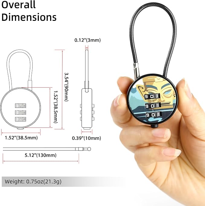 Small Combination Padlock with 5.12 Inch Steel Cable, 3 Digit Combination Lock for Locker, Luggage, Backpack, Mini Combo Padlock, Short Cable Lock with Code for Suitcase, Cabinet, Toolbox