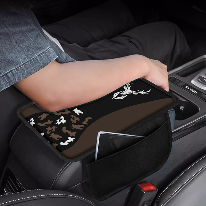 Howilath Brown Camo Deer Arm Rest Cover for Car Soft Non-Slip Console Pad | Machine Washable, with 2 Side Storage Bags, Fits Suv, Truck, Van, and Sedan