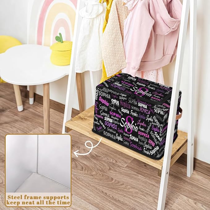 Custom Storage Baskets Named with Zipper Lid, Personalized Storage Bins Basket Boxes PU Handles for Clothes Bedroom Closet Organizing Toys Books Shelves, Black Background