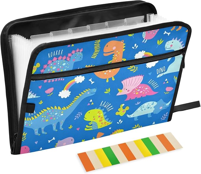 Cute Dinosaur Pattern Blue Expanding File Folder with Sticky Labels, 13 Pockets Accordion File Folder Document Organizer Expandable Zip File Folder with Zipper Closure