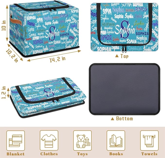 Personalized Name Storage Basket with Zipper Lid, Lake Blue Boys Men Canvas Storage Bins Toys Clothes Organizer for Bedroom, Kitchen, Bathroom, Nursery, Shelves, Closets