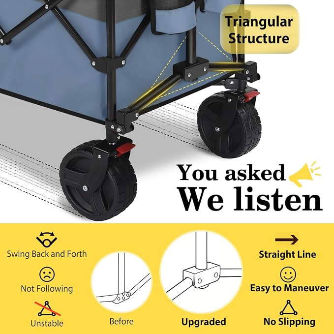 Sekey 48''L Collapsible Foldable Extended Wagon with 660lbs Weight Capacity, Heavy Duty 300L Folding Utility Garden Cart with Big All-Terrain Beach Wheels & Drink Holders. Blue&Grey