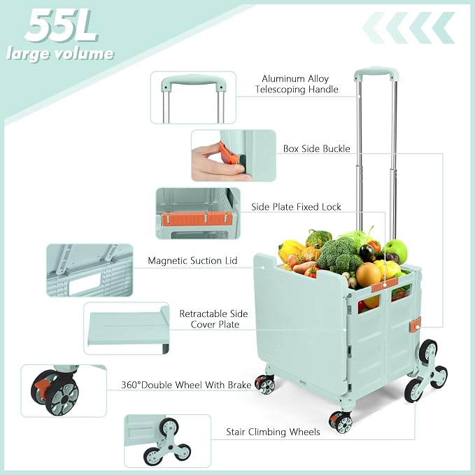 Foldable Utility Cart with Stair Climbing Wheels,Collapsible Rolling Crate with Magnetic Lid Telescopic Cover,Telescoping Handle,360° Rotate Wheel Hand Cart for Teacher Shopping Moving Grocery(Green)