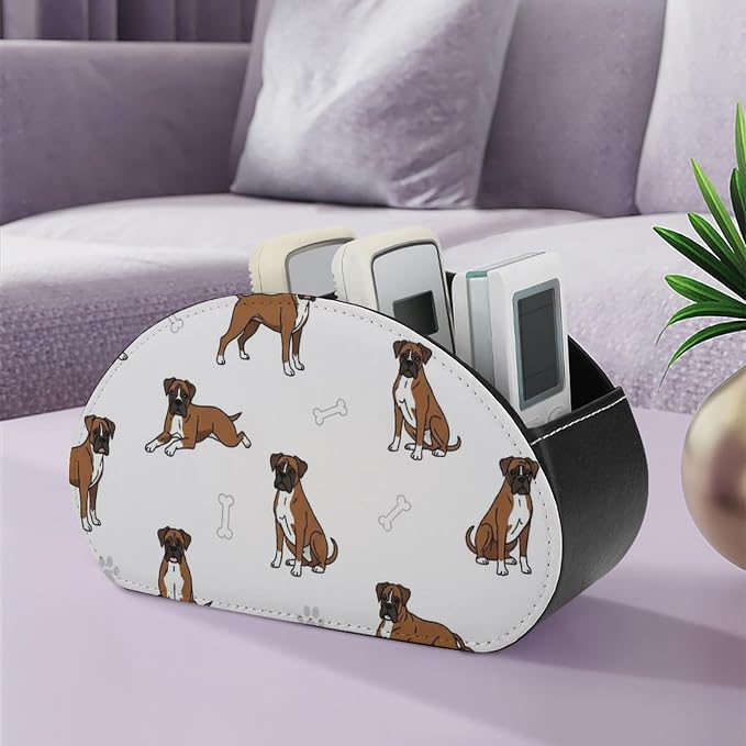 TV Remote Control Holder Boxer Dog Pet Desktop Storage Caddy Box | Pu Leather Makeup Brush Organizer with 5 Compartments, Boxer Dog Pattern Dog Lover Pet, Fit for Media Player, Office Supplies