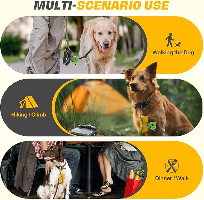 2 Pack Dog Poop Bag Holder, Lightweight Dog Waste Bag Dispenser for Easy Pull Out, Soft Pet Poop Bags Dispenser for Doggie Bag Holder for Leash (Black, Yellow, Without Bags)