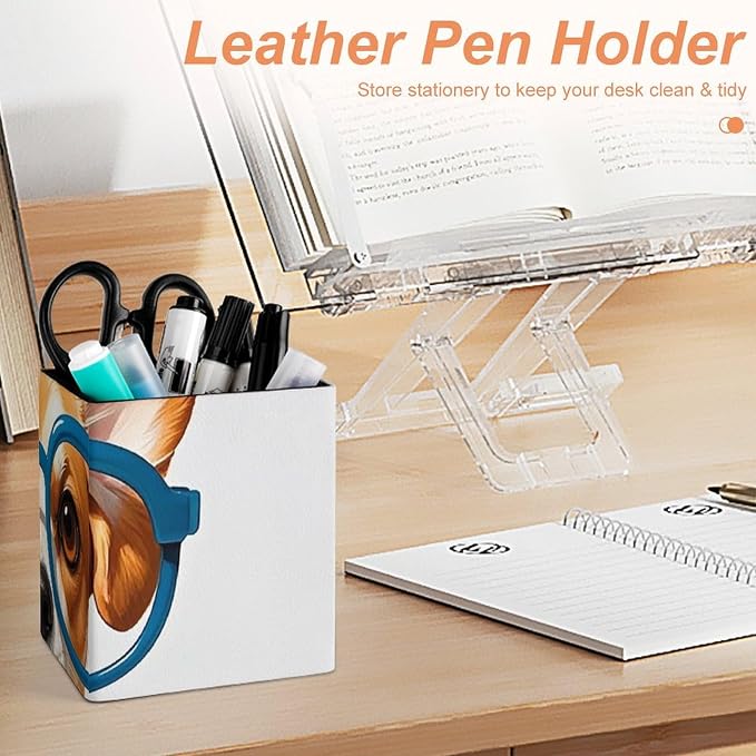 Pet Dog Soft Bow Tie, Oversized Glasses Leather Pen Holder, Square Pencil Box for Office