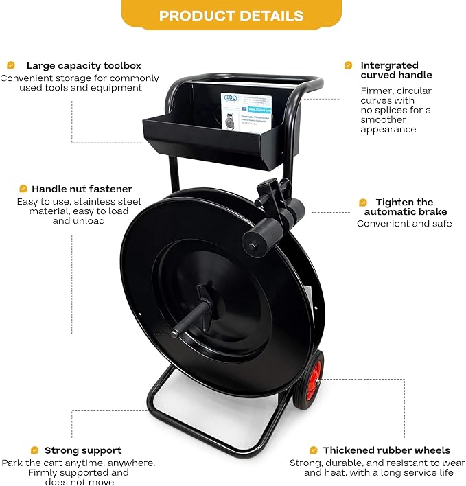 IDL Packaging Strapping Cart & Dispenser for Steel Strapping, 16" x 3" Core | CA-505 for Steel Coils - Advanced Roller Brake System - Built-in Tray for Tools, Seals, and Gloves