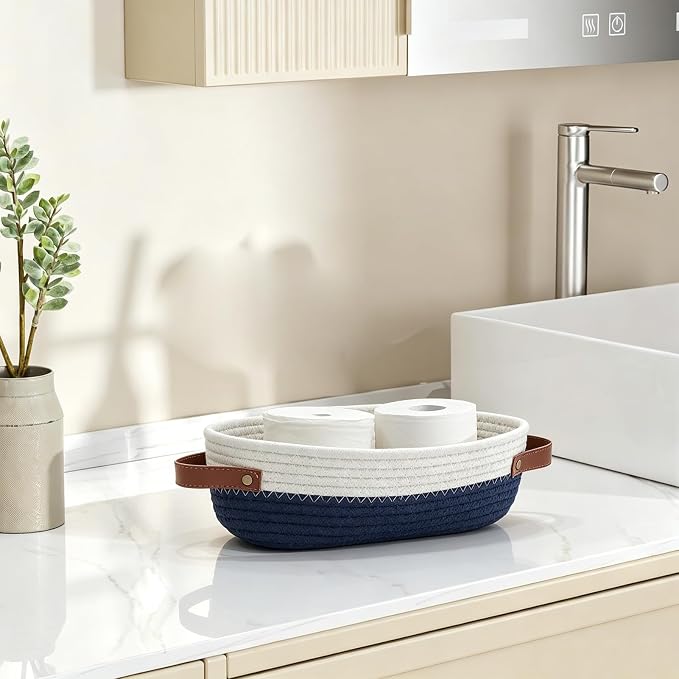 1 Pack Small Woven Storage Basket for Toilet Tank Top, Bathroom Countertop Organizer Cotton Rope Toilet Paper Storage Decorative Basket 13"x6"x4"(Navy/White)