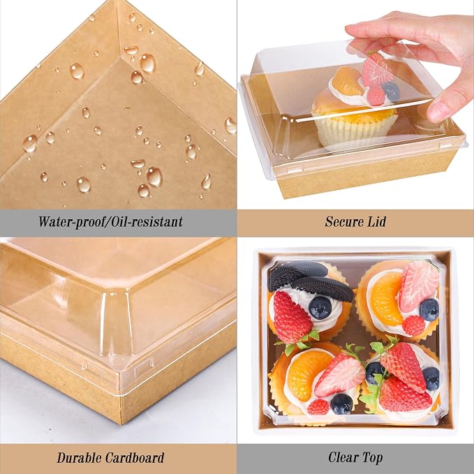 Whaline 50Pcs Small Charcuterie Boxes with Clear Lids Kraft Mini Dessert Boxes with Forks and Knives 5 Inch Square Disposable Food Containers for Sandwich Cookie Sushi Cake Slice Strawberries