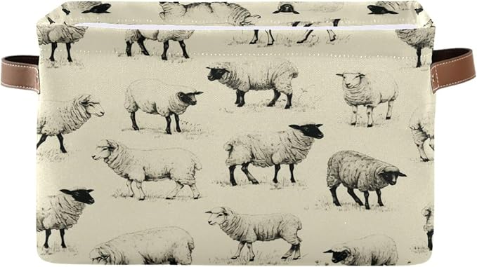 Kigai Cute Sheep Storage Basket with Handles Waterproof Collapsible Storage Bin Canvas Fabric Basket Decorative Box Closet Organizer for Nursery Bedroom Office