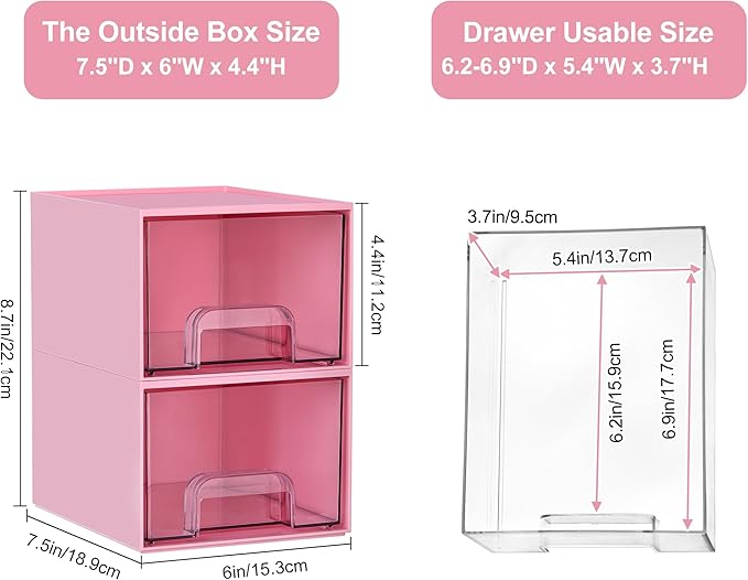 Vtopmart 4 Pack Small Clear Stackable Storage Drawers, Pink | Bathroom Makeup Accessories Organizer, Plastic Bins For Desk, Vanity, Undersink, Medicine Cabinet ,Home Organization