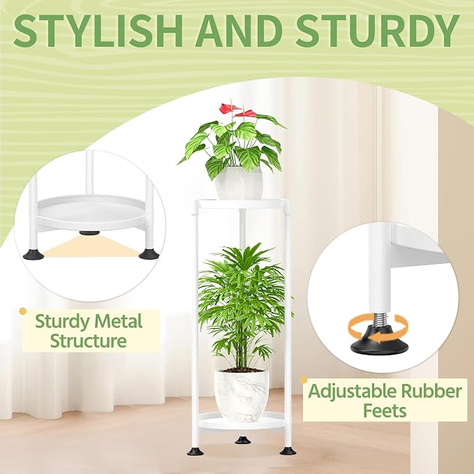 KMOTASUO 2 Tier Metal Plant Stand Tall for Indoor Outdoor Corner, White | Heavy Duty Flower Holder Rack, Modern Vertical Iron Shelf for Patio Bathroom Office Garden