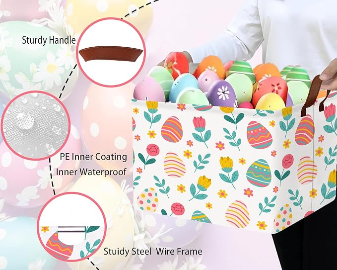Large Rectangular Easter Baskets Empty Waterproof Boy Toy Box Foldable Kid's Gifts Storage Bin Spring Room Decor(Rose Egg)
