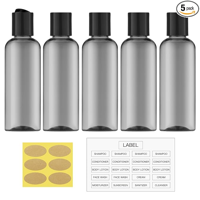Travel Bottles for Toiletries, 3.4 oz Travel Size Containers, 5pcs, Black | Squeezable empty plastic bottles, TSA approved, leak proof, with labels, for liquids & shampoo lotion, gym essentials