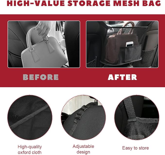 Car Net Pocket Handbag Holder, Driver Storage Netting Pouch Between Seats, Large Capacity Seat Back Organizer Mesh Pocket for Purses and Bags, Auto Backseat Pet Kids Barrier (Black)