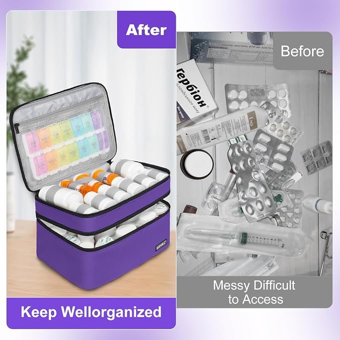 LEFOR·Z Medicine Storage Bag,Double Layers Pill Bottle Organizer Bag Empty | Medical Supplies Bag with Lockable Zipper & Adjustable Divider,Medication Travel Carrying Bag for Pills,Vitamins,Purple