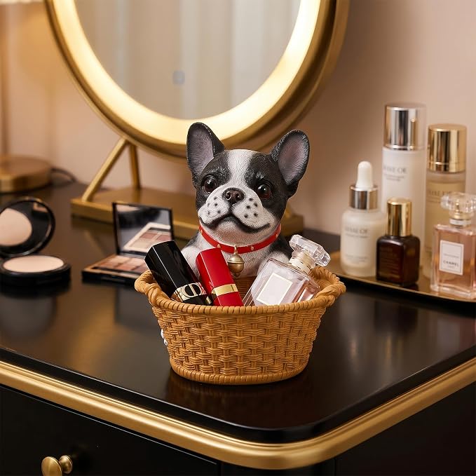 Cute French Bulldog Candy Bowl, Resin Dog Figurine Key Bowl for Entryway Table, Desktop Storage Basket Organizer for Desk, Unique Dog Lover Gift