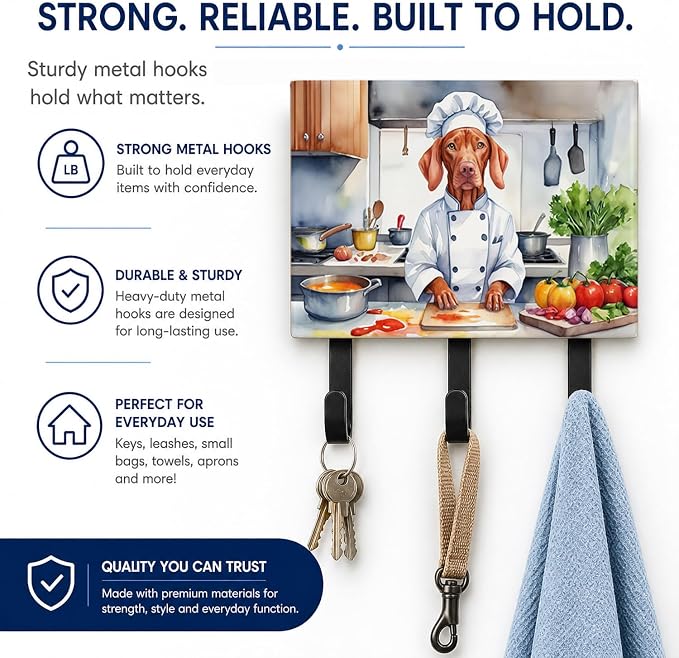 Caroline's Treasures Vizsla The Chef Leash or Key Holder Wall Hooks, Key Hooks Holder, Coat Rack Wall Mount, Coat Hooks, Hooks for Hanging Keys, Towels, Aprons, Leashes | Vizsla The Chef artwork on ceramic tile with three steel hooks for keys, leashes,...