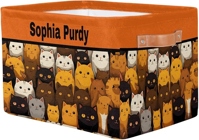 Personalized Kids Toy Box with Name, Custom Nursery Baskets Cubes Bins, Kids Custom Storage Basket Laundry Baskets Organizer with Handles, Cute Colorful Cats Pattern