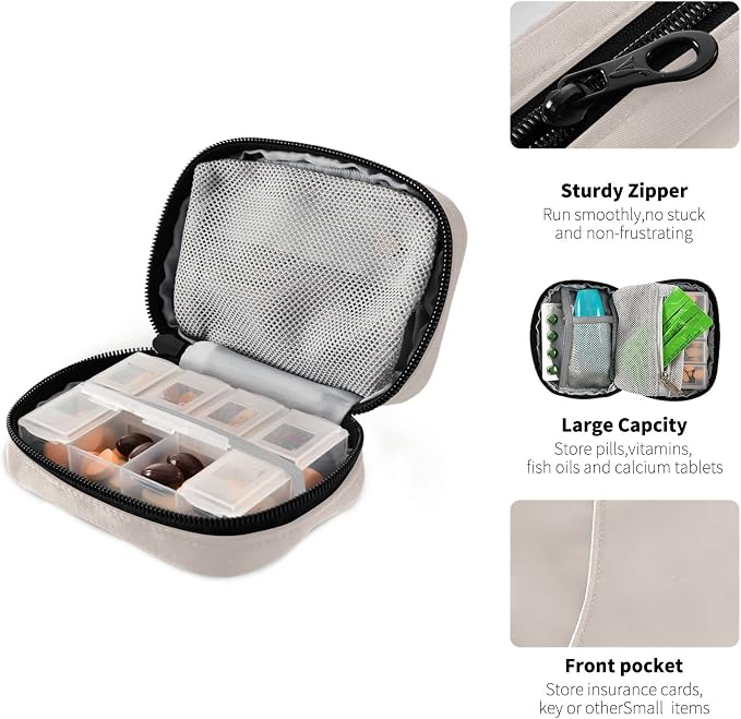 Naanle Pill Box 7 Day Pill Case Travel Pill Organizer Bag Zipper Portable Weekly Compact Size Vitamin Supplement Holder Solid Color Khaki Z - Khaki 4.6 x 3.14 x 1.88 Inch 1.0 Count 0.12 kilograms