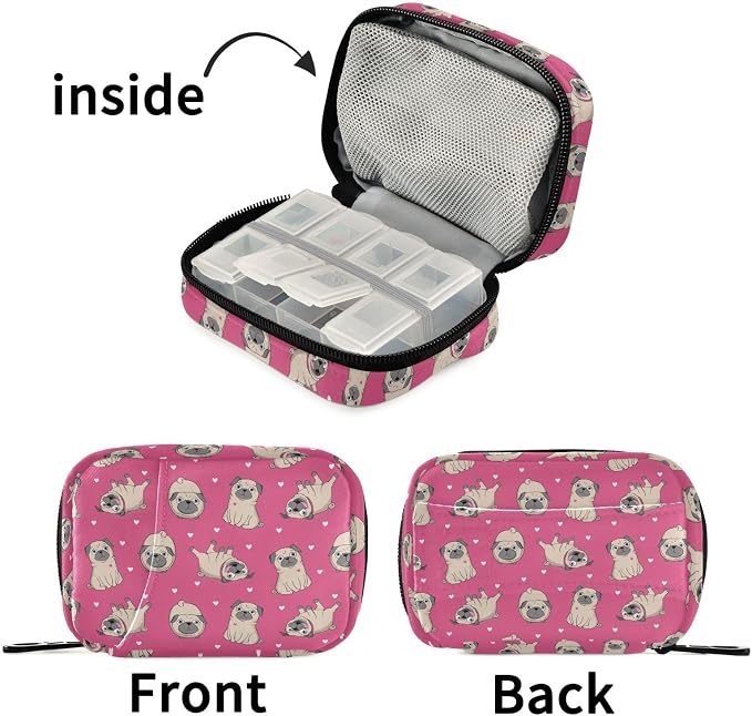 Fustylead Happy Funny Little Pugs and Hearts Pill Organizers 2 Times A Day Pill Case Bag with Zipper Portable Weekly Pill Dispensers for Vitamin Supplement
