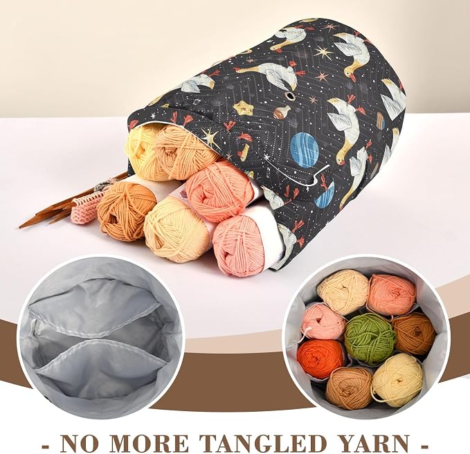 Fustylead Cute Geese in Space with Planets Stars Moon Knitting Yarn Storage Tote Basket, Durable Polyester Large Crochet Drawstring Bag for Crocheting Project, Sewing Supplies, Needles