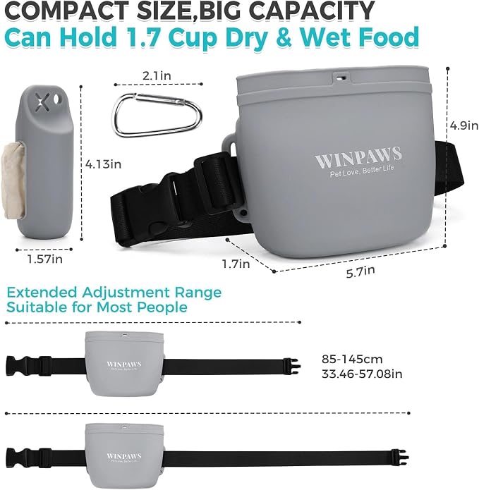 Silicone Dog Treat Pouch with Poop Bag Holder,Waterproof Magnetic Close Sealable Fanny Pack with Adjustable Waist Belt, Pet Puppy Training Essentials, One-Handed Opening with Press & Magnetic (Grey)