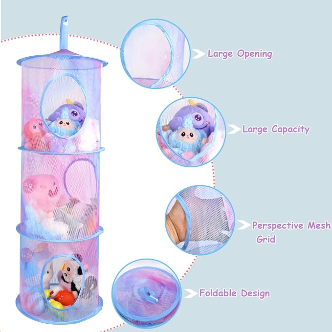 ChezMax Hanging Mesh Stuffed Animal Storage - 3 Tiers 2 Pack Large Stuffed Animal Net Organizer, Foldable Space Saver Bags Basket Organization Holder Room Bedroom Playroom Wardrobe Rainbow