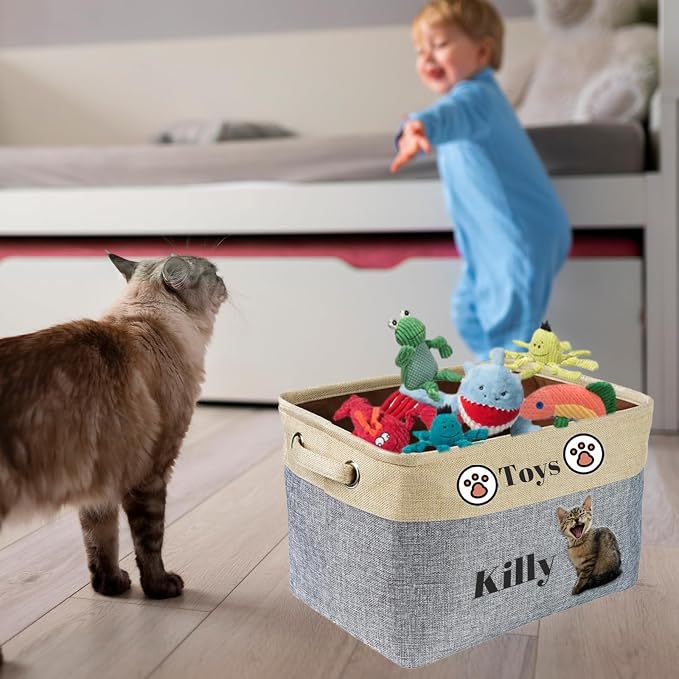 Personalized Dog Toy Storage Basket with Pet Name - Custom Collapsible Puppy Bin, Durable Fabric Toy Box for Dogs & Cats, Sturdy Handles for Home Organization