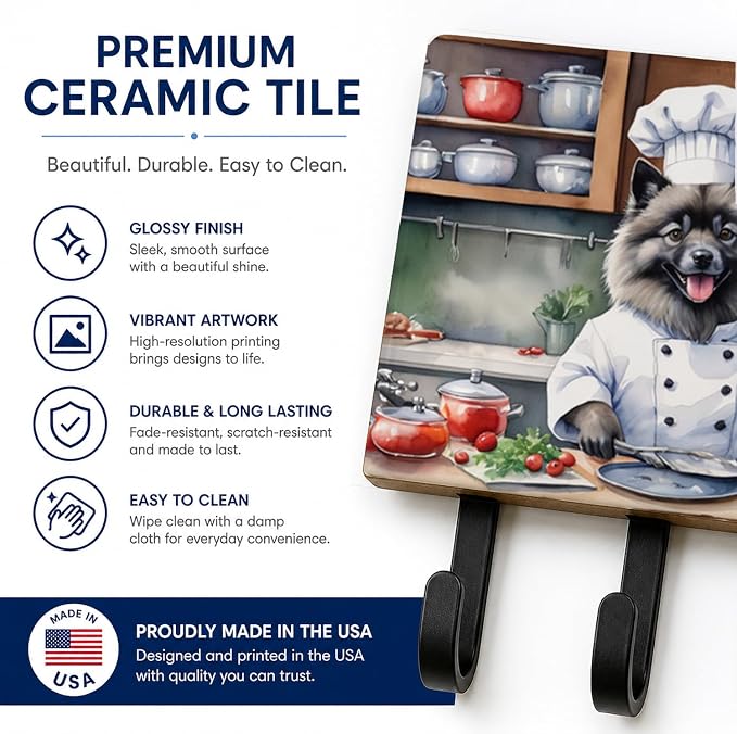 Caroline's Treasures Keeshond The Chef Leash or Key Holder Wall Hooks, Key Hooks Holder, Coat Rack Wall Mount, Coat Hooks, Hooks for Hanging Keys, Towels, Aprons, Leashes | Keeshond The Chef artwork on ceramic tile with three steel hooks for keys, leas...